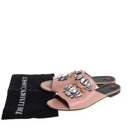 Pre Owned Gucci Pink Leather Horsebit Crystal Embellished Flat Slides Size 40.5