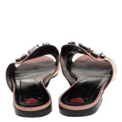 Pre Owned Gucci Pink Leather Horsebit Crystal Embellished Flat Slides Size 40.5