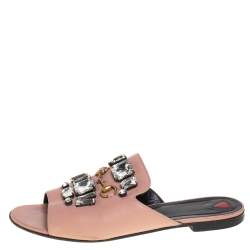 Pre Owned Gucci Pink Leather Horsebit Crystal Embellished Flat Slides Size 40.5