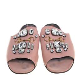 Pre Owned Gucci Pink Leather Horsebit Crystal Embellished Flat Slides Size 40.5