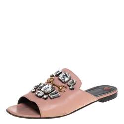 Pre Owned Gucci Pink Leather Horsebit Crystal Embellished Flat Slides Size 40.5