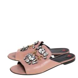 Pre Owned Gucci Pink Leather Horsebit Crystal Embellished Flat Slides Size 40.5