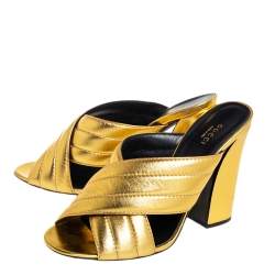 Pre Owned Gucci Metallic Gold Quilted Leather Webby Mules Sandals Size 41.5