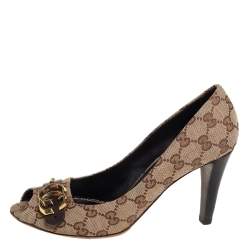 Gucci Brown/Beige GG Canvas Open Toe Pumps Size 39