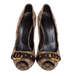 Gucci Brown/Beige GG Canvas Open Toe Pumps Size 39