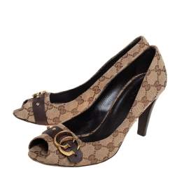 Gucci Brown/Beige GG Canvas Open Toe Pumps Size 39
