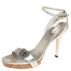 Gucci Silver Leather GG Ankle Strap Sandals Size 38.5