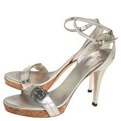 Gucci Silver Leather GG Ankle Strap Sandals Size 38.5