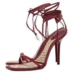 مملوكة مسبقًا Gucci Red Braided Leather Braided Ankle Strap Sandals Size 37.5
