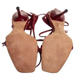 مملوكة مسبقًا Gucci Red Braided Leather Braided Ankle Strap Sandals Size 37.5