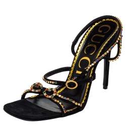 مملوكة مسبقًا Gucci Black Suede Carmen Crystal Embellished Strappy Sandals Size 39