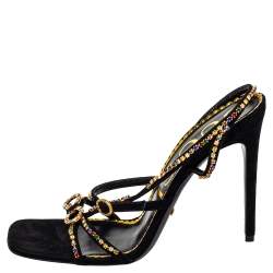 مملوكة مسبقًا Gucci Black Suede Carmen Crystal Embellished Strappy Sandals Size 39