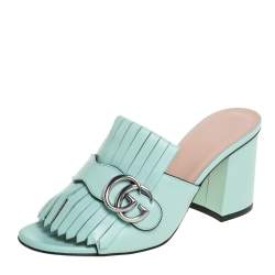 Pre Owned Gucci Blue Leather GG Marmont Fringe Slide Sandals Size 37