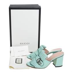 Pre Owned Gucci Blue Leather GG Marmont Fringe Slide Sandals Size 37