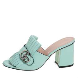 Pre Owned Gucci Blue Leather GG Marmont Fringe Slide Sandals Size 37