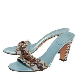 مملوكة مسبقًا Gucci  Blue/Brown Canvas And Leather Bamboo Sandals Size 42
