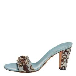 مملوكة مسبقًا Gucci  Blue/Brown Canvas And Leather Bamboo Sandals Size 42