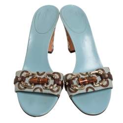 مملوكة مسبقًا Gucci  Blue/Brown Canvas And Leather Bamboo Sandals Size 42