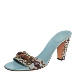 مملوكة مسبقًا Gucci  Blue/Brown Canvas And Leather Bamboo Sandals Size 42
