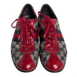 مملوكة مسبقًا Gucci Beige GG Canvas And Red Leather Web Low Top Sneakers Size 38