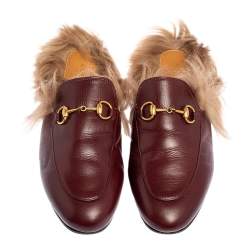 مملوكة مسبقًا Gucci Burgundy Leather And Fur Princetown Horsebit Mules Size 37