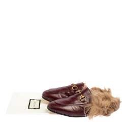 مملوكة مسبقًا Gucci Burgundy Leather And Fur Princetown Horsebit Mules Size 37