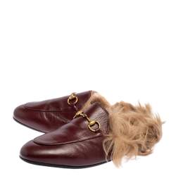مملوكة مسبقًا Gucci Burgundy Leather And Fur Princetown Horsebit Mules Size 37