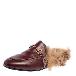 مملوكة مسبقًا Gucci Burgundy Leather And Fur Princetown Horsebit Mules Size 37