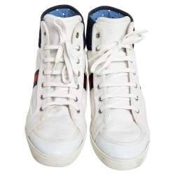 Gucci White Canvas And Leather Web High Top Sneakers Size 39