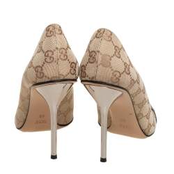 مملوكة مسبقًا Gucci Beige Canvas And Leather Horsebit Peep Toe Pumps Size 39.5
