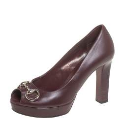 مملوكة مسبقًا Gucci Burgundy Leather Horsebit Peep Toe Platform Pumps Size 36.5