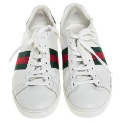 مملوكة مسبقًا حذاء رياضي غوتشي منخفض من أعلى ويب أيس جلد أبيض مقاس 37.5