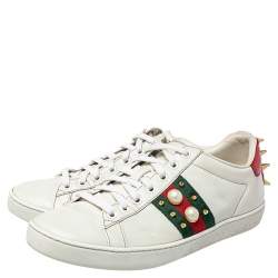 مملوكة مسبقًا Gucci White Leather New Ace Web Faux Pearl Embellished Low Top Sneakers Size 38