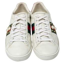 مملوكة مسبقًا Gucci White Leather New Ace Web Faux Pearl Embellished Low Top Sneakers Size 38