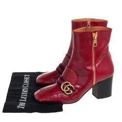 Pre Owned Gucci Red Python Web GG Marmont Block Heel Ankle Boots Size 37.5