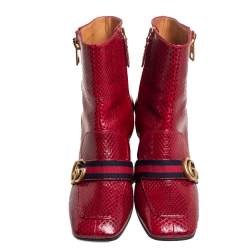 Pre Owned Gucci Red Python Web GG Marmont Block Heel Ankle Boots Size 37.5