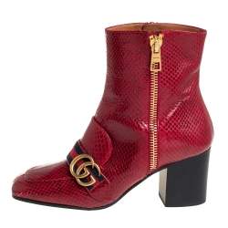 Pre Owned Gucci Red Python Web GG Marmont Block Heel Ankle Boots Size 37.5