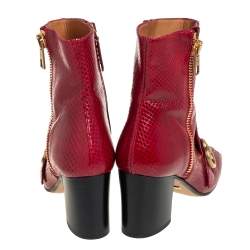Pre Owned Gucci Red Python Web GG Marmont Block Heel Ankle Boots Size 37.5