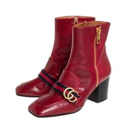 Pre Owned Gucci Red Python Web GG Marmont Block Heel Ankle Boots Size 37.5
