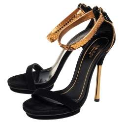 Pre Owned Gucci Black/Gold Suede And Python Kelis Ankle Strap Sandals Size 36