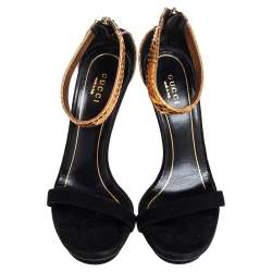Pre Owned Gucci Black/Gold Suede And Python Kelis Ankle Strap Sandals Size 36