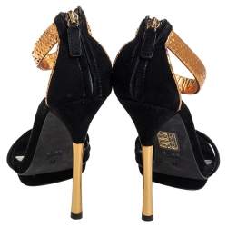 Pre Owned Gucci Black/Gold Suede And Python Kelis Ankle Strap Sandals Size 36