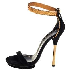 Pre Owned Gucci Black/Gold Suede And Python Kelis Ankle Strap Sandals Size 36