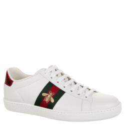 Pre Owned Gucci White Leather Python Embossed Leather Ace Bee Sneakers EU 35