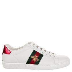 Pre Owned Gucci White Leather Python Embossed Leather Ace Bee Sneakers EU 35