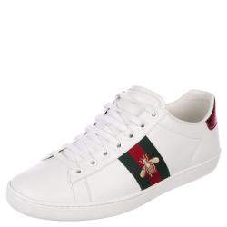 Pre Owned Gucci White Leather Python Embossed Leather Ace Bee Sneakers EU 35