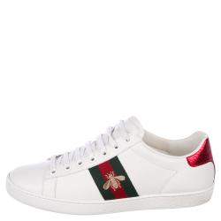 Pre Owned Gucci White Leather Python Embossed Leather Ace Bee Sneakers EU 35