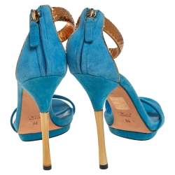 Gucci Blue/Gold Suede and Python Leather Kelis Ankle Strap Platform Sandals Size 36