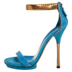 Gucci Blue/Gold Suede and Python Leather Kelis Ankle Strap Platform Sandals Size 36