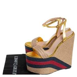 Pre Owned Gucci Metallic Gold Leather And Jute Web Platform Ankle Strap Espadrille Wedge Sandals Size 38